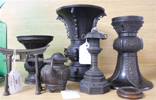 Three Chinese Archaic style bronze vases, various, a small two-handled urn (lacking cover) and a model gateway and lantern